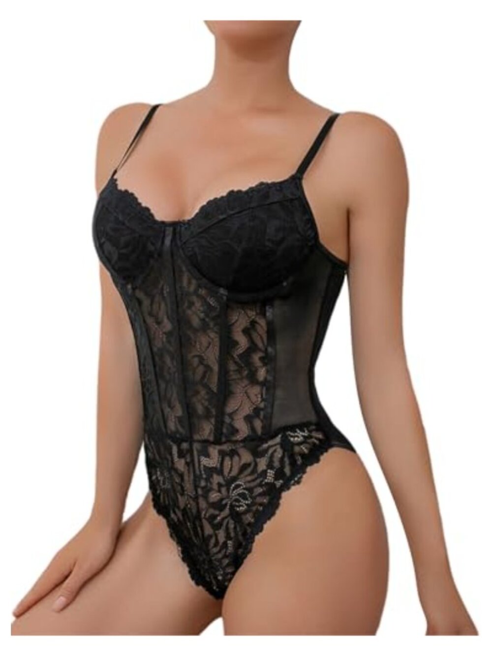 Sheer Lace Mesh Corset Bodysuit Top with Straps, Sexy Going Out Clubs Rave Date